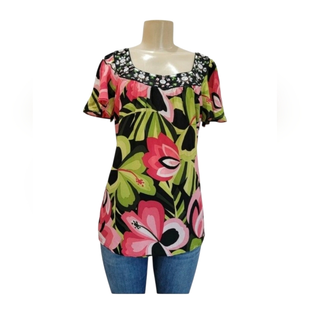 Nanette Lepore 100% Silk Embellished Blouse Multicolor Sz 2